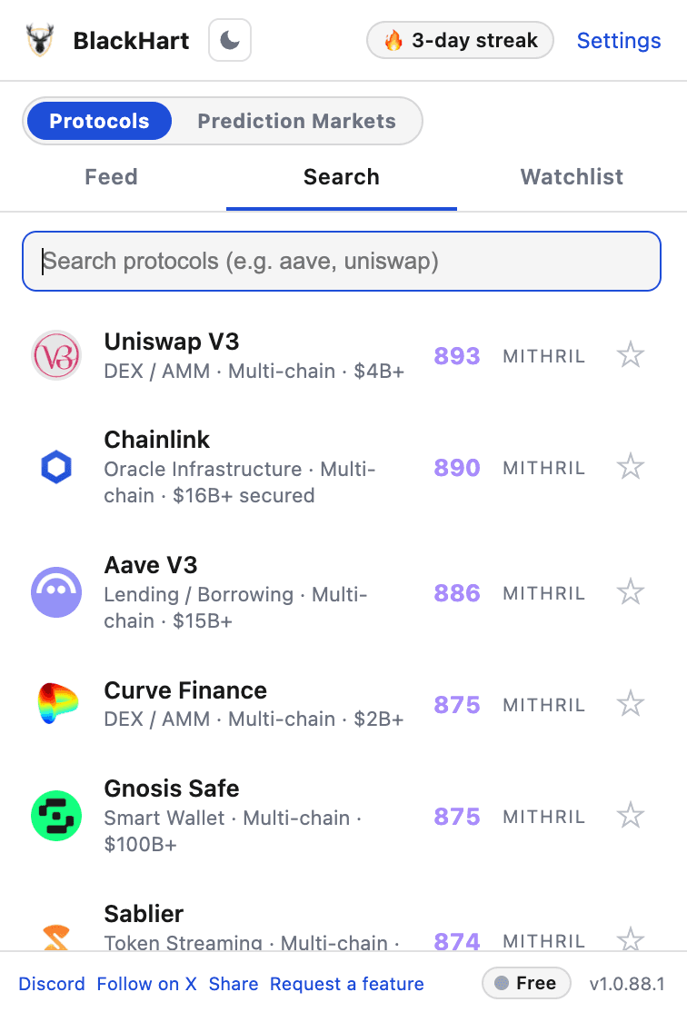 BlackHart extension popup, Protocols tab, searching scored protocols with BRI scores and Forge tiers