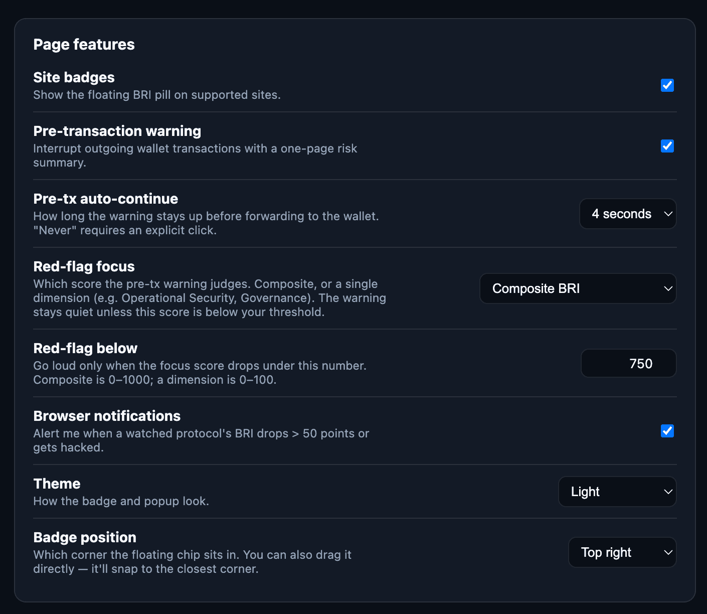 BlackHart extension Settings, General tab, with toggles for site badges, pre-transaction warning, red-flag thresholds, theme and badge position